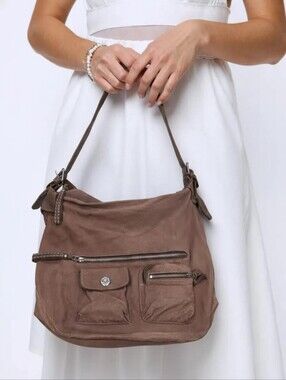 Roots Brown Leather Shoulder Bag Large Multiple Front Pockets
